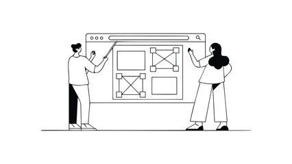 Two people collaborating on a digital workflow diagram erasing and drawing on a large computer screen with a browser interface