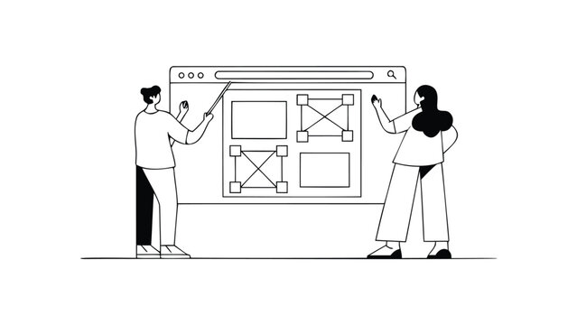 Two people collaborating on a digital workflow diagram erasing and drawing on a large computer screen with a browser interface