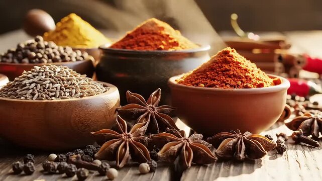 Variety of spices in bowls on wooden table overhead shot