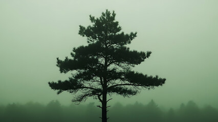 Misty Pine Tree Silhouette Against a Soft Green Foggy Background