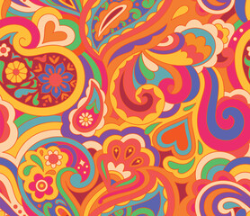 Peace and love. Mix with paisley, swirls, and flowers seamless pattern in warm palette