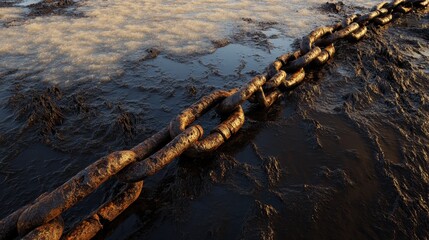 Heavy rusted iron chain lying in dark water with textured surface