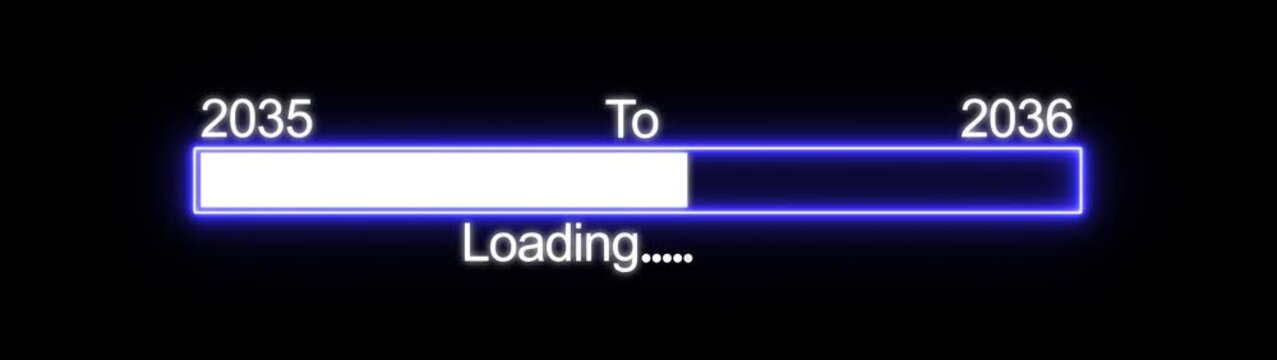 Futuristic loading bar animation from 2035 to 2036, neon blue progress indicator on black background