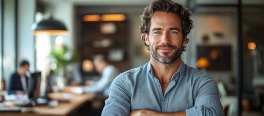 Obraz premium Confident man with wavy hair and beard smiles with arms crossed in a modern office