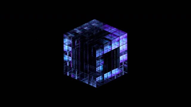 Abstract glass cubes forming a large cube on a black background, 4k seamless loop 3d animation