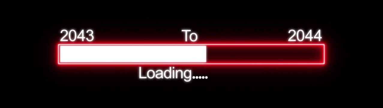 Loading screen with progress bar from 2043 to 2044, neon red glow on black background