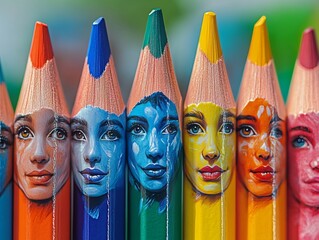 A collection of art pencils with creative faces painted on them.