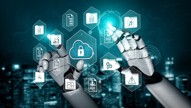 Futuristic robot hands engage with digital icons representing data security and cloud computing, showcasing technology role in innovation and connectivity. Gantry - Powered by Adobe