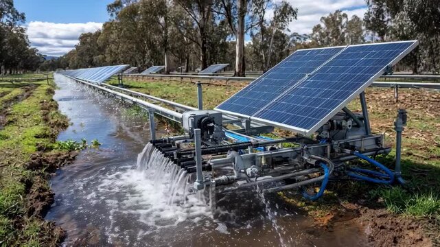 Medium shot of a solarpowered irrigation pump operating in a field demonstrating sustainable energy use with sensordriven water distribution.