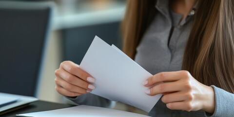 Professional woman reading papers at desk, office environment.