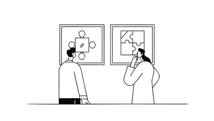 Analytical people solving problems together examining puzzle pieces on charts thoughtful expressions collaborative brainstorming session strategy and planning concept