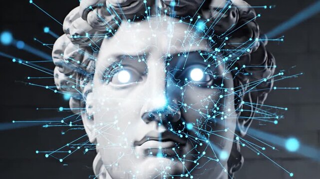 A classical statue bust overlaid with digital network lines and glowing orbs