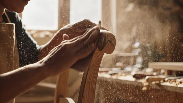 Person sanding wooden object in workshop with sawdust flying everywhere around them 4k video