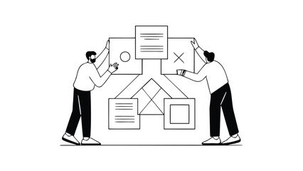 Two business professionals collaboratively working on a layered root cause analysis diagram with multiple interconnected components