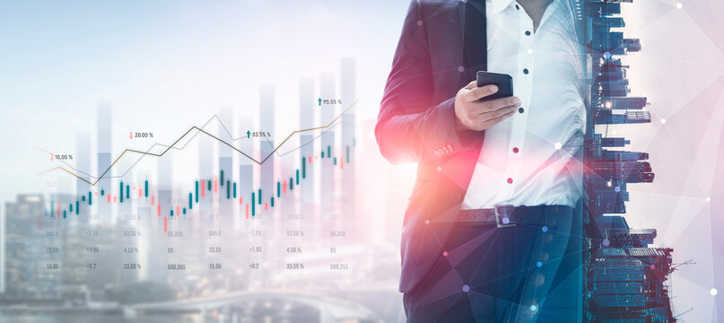 Professional businessman using smartphone in urban setting with digital financial chart, graphs, and modern city skyline, symbolizing future technology and investment Scalp. - Powered by Adobe
