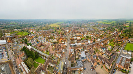 Obraz premium Aerial panorama of Farnham town center, Surrey, England. in a misty day