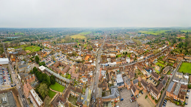 Aerial panorama of Farnham town center, Surrey, England. in a misty day