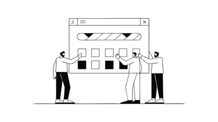 Three people collaborating on a digital project with progress bars and charts on a large computer screen interface