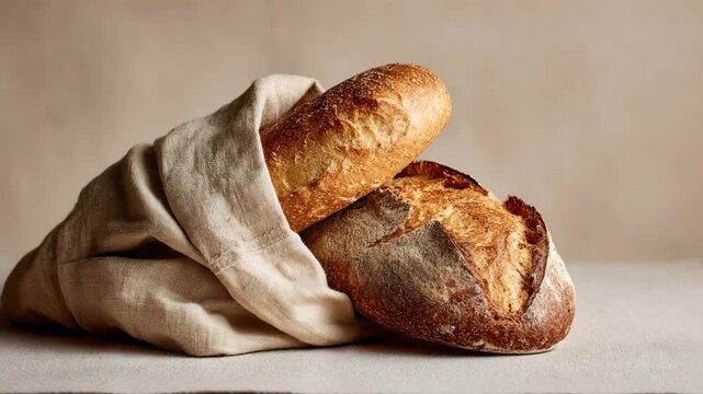 Freshly baked artisan bread loaves wrapped in a natural linen cloth, showcasing the crusty texture and warm golden color, presented on a rustic wooden surface