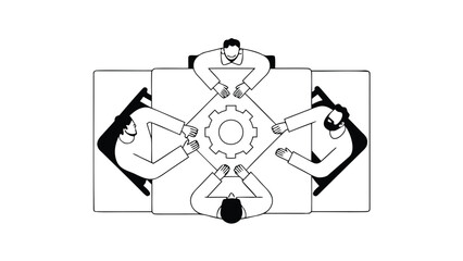 Business team meeting around table with gear showing balance and strategic planning