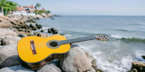 Fototapeta premium Acoustic guitar resting on coastal rocks, offering a serene view of the ocean, waves, and distant tropical shoreline