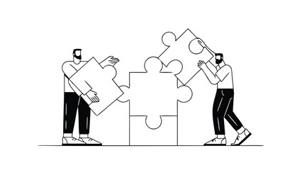 Two businessmen collaborating on a puzzle teamwork and problem solving concept in a minimalist line art style