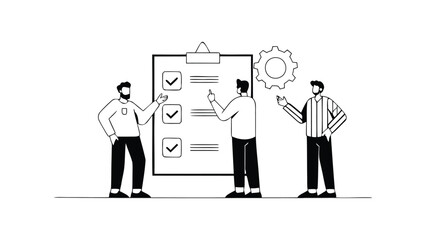 Three business professionals discussing strategy with clipboard and checklist in modern office setting