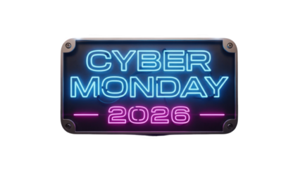 Cyber monday 2026 neon sign display isolated on transparent background