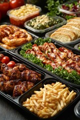 A selection of different dishes presented on trays and plates. The food includes items like pasta, salad, bread, chicken wings, and fries.