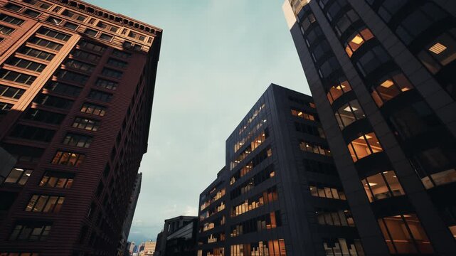 evening city canyon with lit windows and cool teal sky, warm interior glow reflecting on glass, nightshift cleaner sweeping sidewalk, stockbroker hailing taxi,