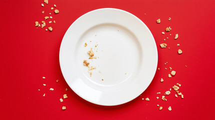 Empty white plate on a red surface with scattered crumbs, symbolizing hunger, poverty, scarcity and conscious eating habits