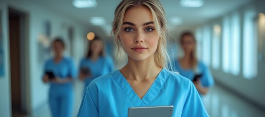 Young female medical professional in blue scrubs holding a tablet in a hospital hallway