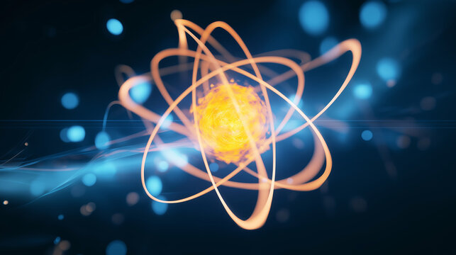 Atomic structure spinning with a bright orange nucleus and electron orbits, illustrating advanced science and molecular technology - Powered by Adobe