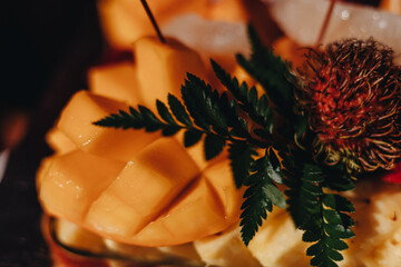 Close-up of Fresh Sliced Mango and Foliage