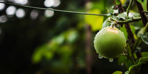 Green passion fruit developing on a vine, water drops clinging to its surface after a refreshing rain
