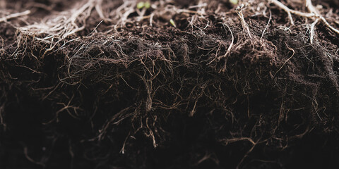 Soil cross section showing roots and layers of earth, forming a natural underground texture, cultivating growth and foundation