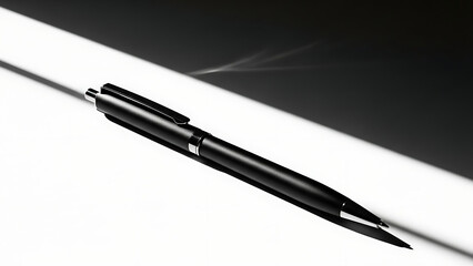 Sleek black writing instrument casting a dramatic shadow on a contrasting surface, symbolizing precision, creativity, and the power of putting thoughts to paper in a modern, elegant style