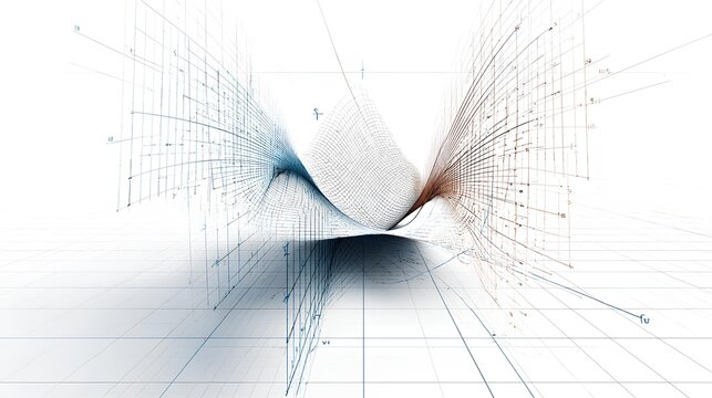 Abstract 3D mathematical grid visualization of wave function or spacetime curvature on white background