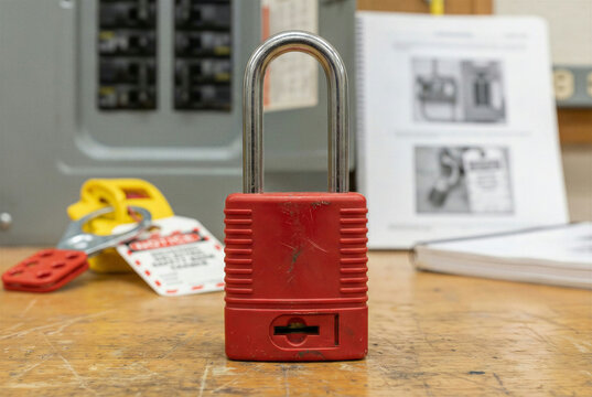 Red safety lockout padlock for electrical panel maintenance and OSHA compliance