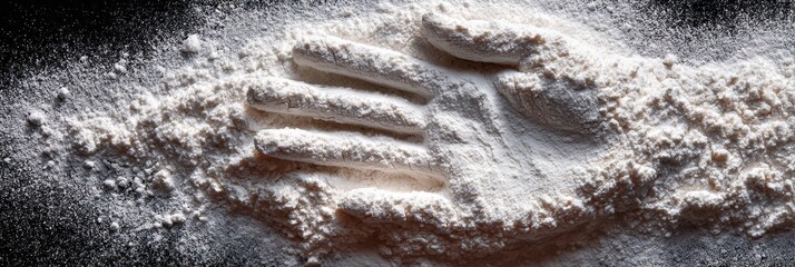 Handprint impression in powdered sugar on dark background evokes baking creativity, food styling, and culinary branding concepts