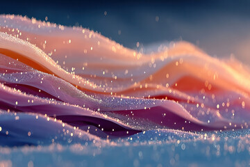 An abstract artistic composition with smooth, wavy layers in pink, peach, and purple hues, sprinkled with shimmering light particles 