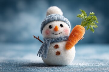 Minimalist snowman in blue knit hat and scarf holding carrot with green leaves, symbolizing winter holidays and seasonal celebration in snowy outdoor setting