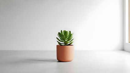 Vibrant green succulent plant in a terracotta pot. Bathed in soft natural light against a clean white background. A serene, minimalist, and modern indoor plant aesthetic