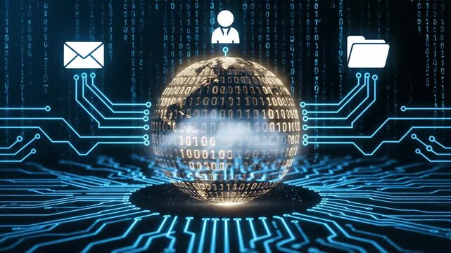 Abstract digital sphere with binary code, circuit board and glowing lights.