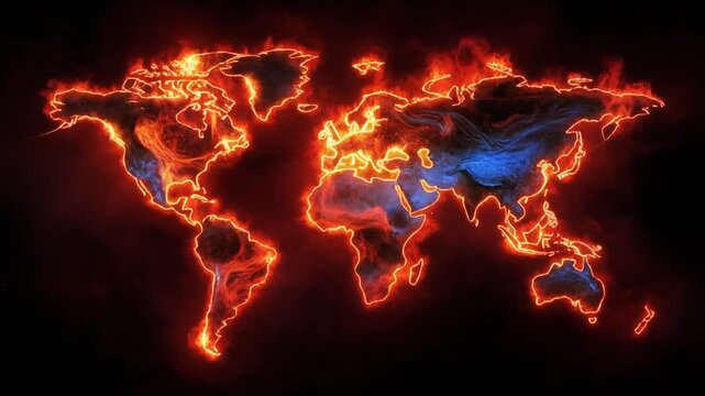 A vibrant, fiery depiction of Earth's continents outlined in glowing, energetic flames against a black backdrop