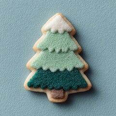 Christmas tree sugar cookie with green and white icing and sprinkles on blue textured background, ideal for holiday marketing and festive promotions