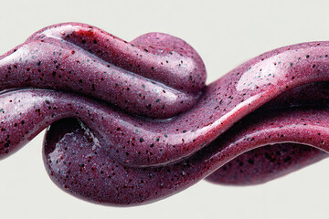 An abstract 3D composition featuring a smoothly intertwined form in a rich burgundy-violet color with a finely speckled texture.  