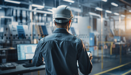 製造DXを活用する工場作業員の後ろ姿