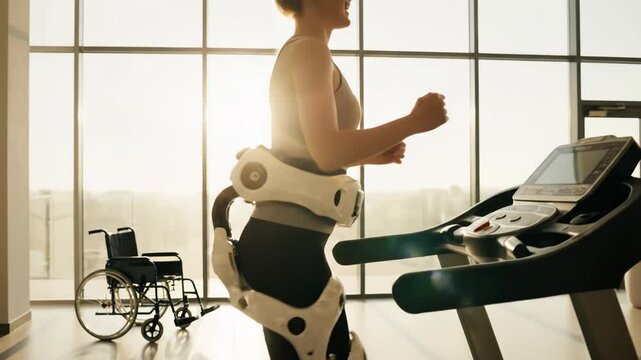 Person wearing exoskeleton suit running on treadmill in rehabilitation center with wheelchair 4k video