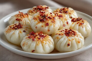 Steamed Chinese dumplings with chili flakes and sesame seeds on white plate, representing Asian cuisine and festive dining